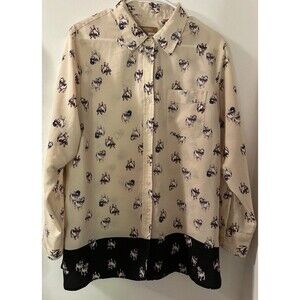 Ellen Tracy French Bulldogs Tunic Top Womens L Roll-Tab Sleeve Button-Down